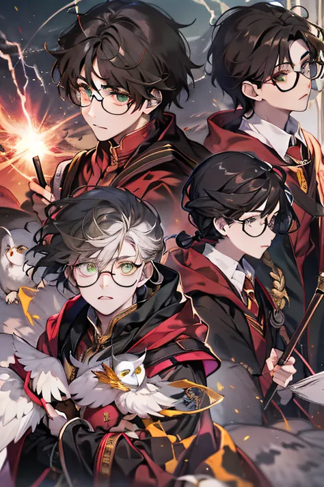 an white owl give Harry potter a envelope, Harry potter holding magic wand , his messy black hair, wearing glasss, green eyes, scar on forehead in the shape of a lightning bolt, wizard, robes, in school, gryffindor, red tie, black coat