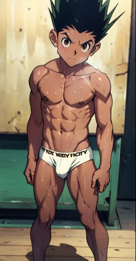 full body, 13 year old boy anime , topless, shirtless, cute baby face, toned body, huge strong thigh muscles, muscular arms, sweat dripping, wearing triangle underwear  , underwear bulging due to genitals, white underwear, hands behind back (photo angle fr...