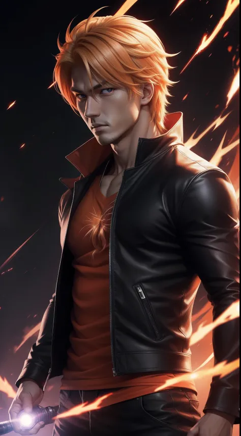 Hot profile picture, masterpiece, extremely accurate rendering, cool handsome Kurosaki Ichigo, blond hair, looking at viewer, solo, reliable, savior of the world, simple design, beautiful image best, 8K, light red eyes, original orange clothing style accor...