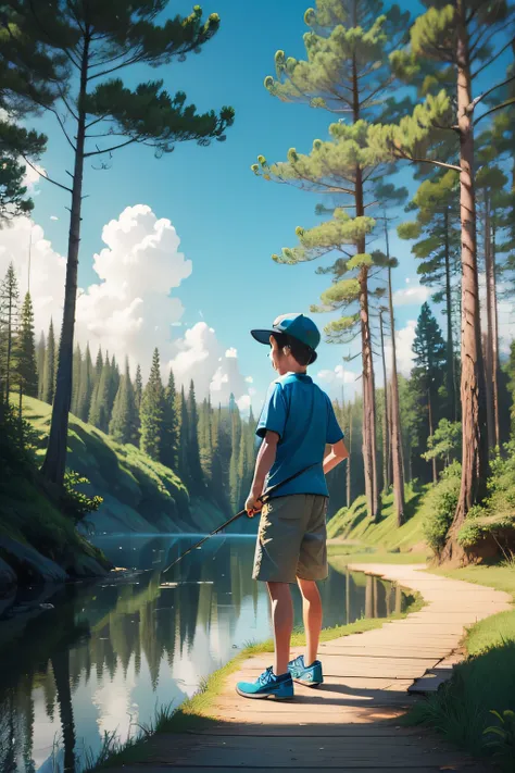 Boy in fishing，Forest，blue-sky，cartoony