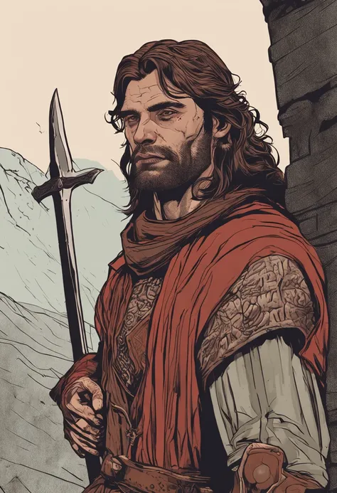 A medieval man with long brown hair and brown eyes. left half of his face has a scar . his clothes looks like a poor noble main part is red with specs of iron. iron belt. lether gloves on his left hand 8k human