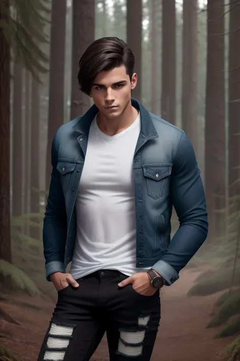 A young athletic American man with short dark brown hair, he looked dark blue, wearing a white blouse, dark ripped jeans and a long black jacket. Realistic, better image. 8k, Dense forest background without sunlight, full length.