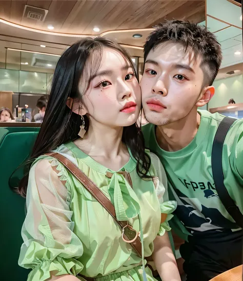 There was a man and a woman sitting at a table, Ruan Jia and Fenghua Zhong, cute couple, ruan jia and brom, zmonzheng, couple, kissing together cutely, yanjun cheng, 8k selfie photograph, 😭🤮 💔, couple pose, 😭 🤮 💕 🎀, wenjun lin