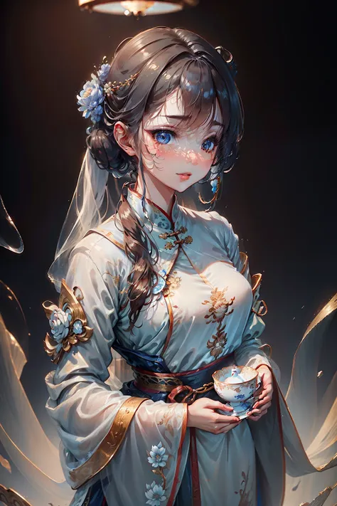 a young chinese woman wearing a girl in hanfu,chinaware，blue and white porcelain style,hanfugirl，ancient china art style,(highde...