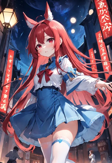 Red long-haired，Western Fantasy，Magical fantasy，Faraway view，White and blue clothes，white stockings，animemanga girl，Facial detailed，Cute expressions，Moon