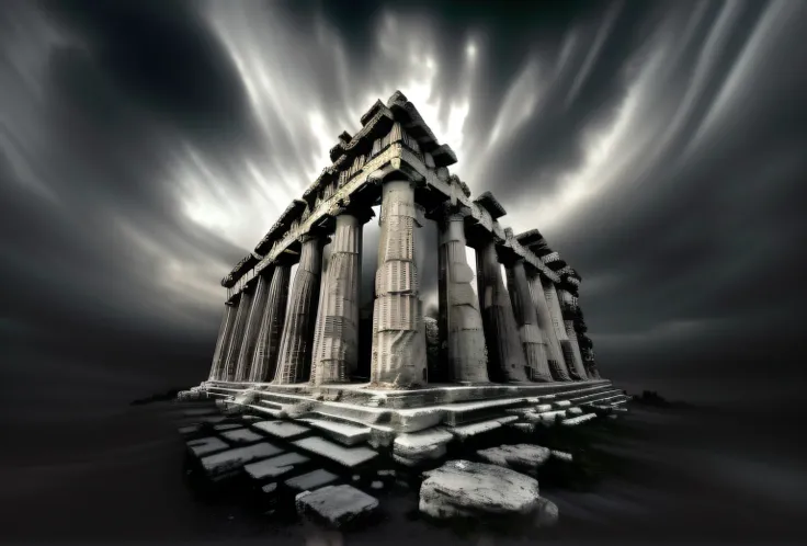 a closeup of a building with a sky background, Templo grego, Templo grego antigo, templo antigo, arquitetura antiga, ancient greek temple ruins, monolithic temple, Fundo grego do templo, arquitetura antiga sagrada, atmosfera antiga escura, templo arruinado...