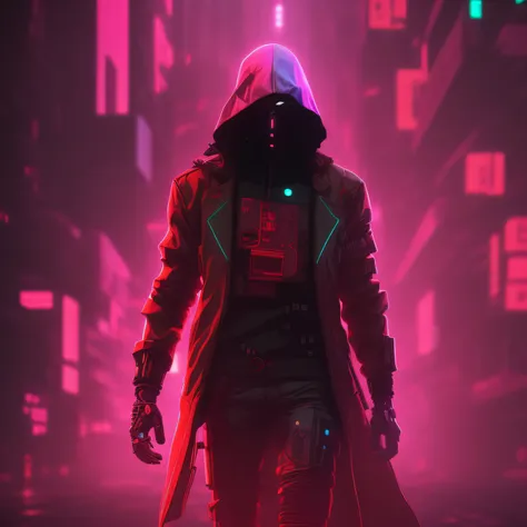 Imagem de um homem com uma jaqueta encapuzada caminhando por uma rua, assassino cyberpunk, hacker cyberpunk, cyberpunk hero, arte digital cyberpunk, estilo de arte cyberpunk, arte de fantasia sombria cyberpunk, dark cyberpunk illustration, Cyberpunk Rua Go...