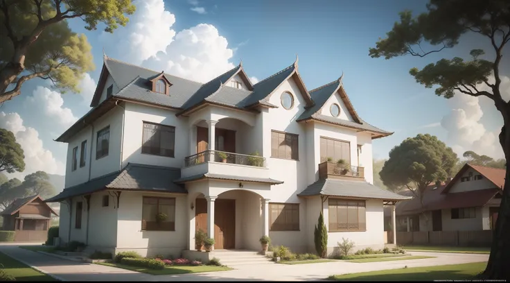 A cartoon banglo , beautiful house , very big banglo , modern banglo , cartoon , front view , very beautiful house