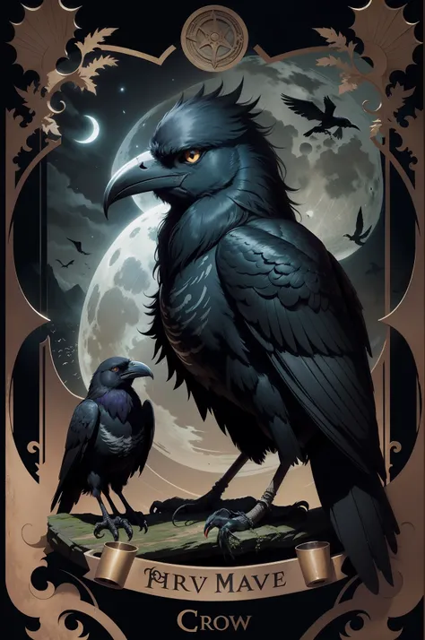 Tarot card style, dark style crow, there is a bright moon behind it, and a flock of ravens in the distance