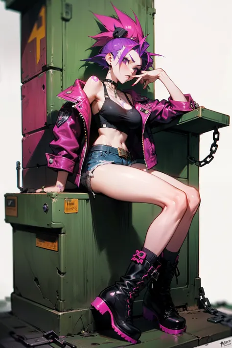 Create a character named Roxy, a punk rocker girl exuding a rebellious and revolutionary spirit. Roxys distinctive appearance includes a vibrant, (((oversized purple and pink mohawk atop her head))) with both sides of her scalp shaved to display an array o...