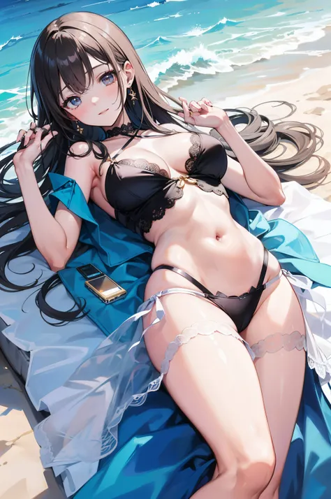 ((Sexy and beautiful woman lying on the beach bed and looking up at me)), ((cutest 20 year old beauty)), charming smile, ((seaside resort)), ((very long hair) ), ((See-Through Fashion)), ((Rich Bust)), Gradient Eyes, Seductive Makeup,, Single View, NFFSW, ...