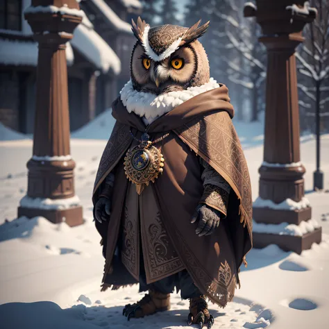 stunnung 3D model of an owl with intricately detailed, decorative brown cloak, standing in the snow, cinematic, cinematic lighting, octane render