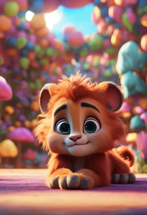 (masterpiece), (best quality), (ultra-detailed), (full body:1.2), Super cute, Pixar, Baby lion, Big bright eyes, Fluffy, Smile, Delicate and fine, Fairy tales, Incredibly high detailed, Pixar style, Bright color palette, Natural light, Octane render, Trend...