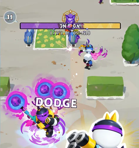 a closeup of a game screen with a robot and a cat, Ninjala, gameplay screenshot with ui, Fogo roxo ao redor da Magic Arena, saltando saltando ataque heroico, mobile game style, Carga heroica, squad fighting the enemy, epic battle screen of hero, Estrelas d...