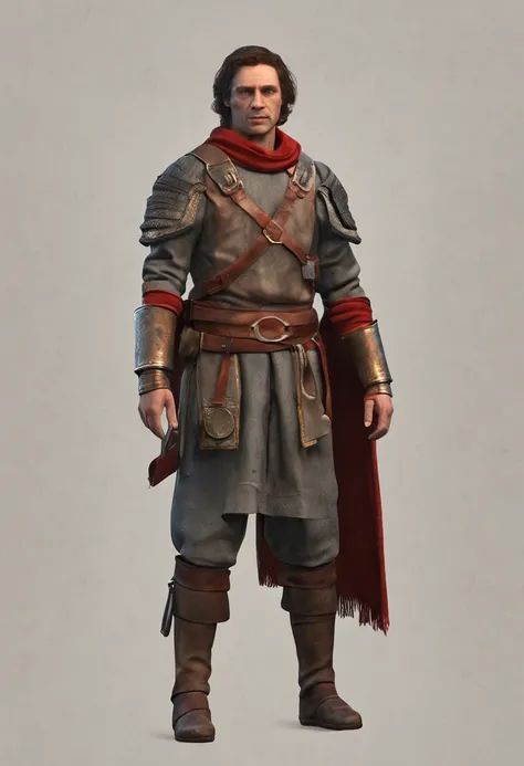 A medieval man with short brown hair and brown eyes. left half of his face has a scar . his clothes looks like a poor noble main part is red with specs of iron and light yellow for the arms. iron belt. small  8k human he wears small iron sholder pads