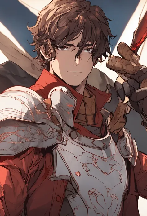 A medieval man with short brown hair and brown eyes. left half of his face has a scar . his clothes looks like a poor noble main part is red with specs of iron and light yellow for the arms. iron belt. small  8k human he wears small iron sholder pads