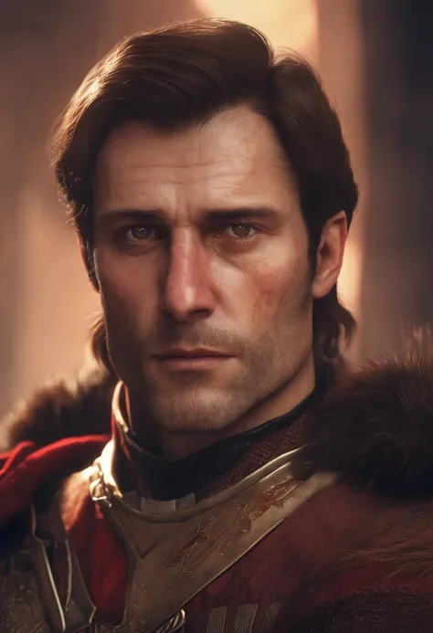 A medieval noble man with short brown hair and brown eyes. left half of his face has a scar . his clothes looks like a poor noble main part is red with specs of iron and light yellow for the arms. iron belt. small 8k human he wears small iron sholder pads