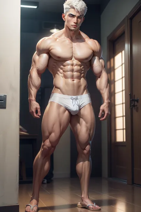 Has short white hair, photorealistic perfect body, Muscular, Handsome boy, Asian male, Muscular, Shirtless ，High detail, Lean and muscular, Detailed body, muscle men, Handsome anime pose, Muscular body，slippers