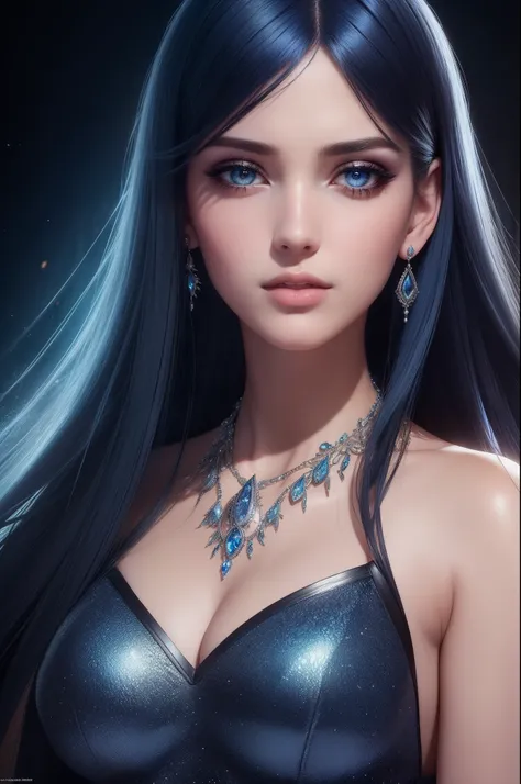 ultra detailed beautiful woman, 25 years-old woman, stunningly beautiful, stylish dark blue hair, dark blue dress, dark blue eyes, her whole head is visible with hair, dark blue jewel necklace, earrings, dark blue eyeshadow visible on her eyelids and eyeli...