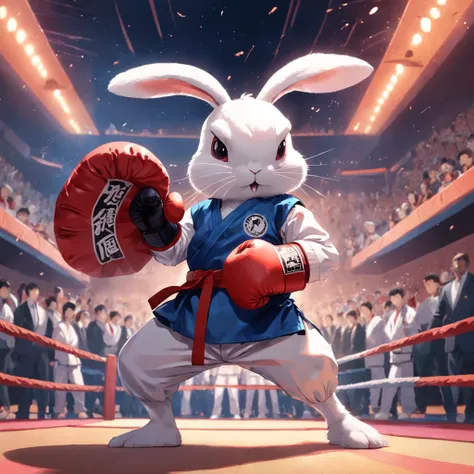 (a rabbit wearing a karate gi and boxing gloves, carrying a guitar on its back)