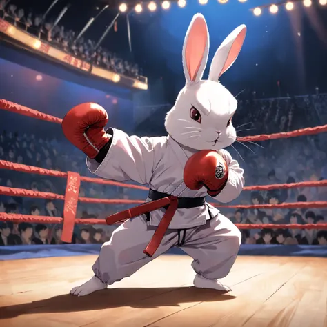 (a rabbit wearing a karate gi and boxing gloves, carrying a guitar on its back)