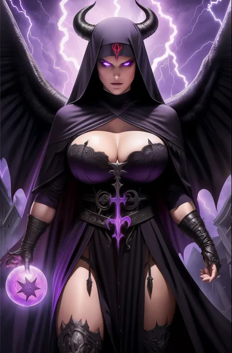 Lisa Ann: The evil nun, Demon horn, Demon wings on the head , sexy robe de nonne, His hands preparing a sphere of purple energy, diabolique, insidieux, Lightning strikes the post-apocalyptic ruins of a city , Context of the Satanic Church, detailled eyes, ...