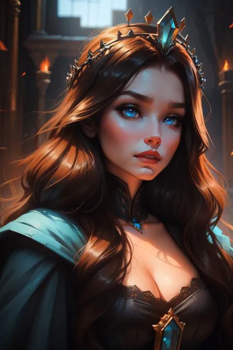 "Transform Que7s minecraft skin into a striking portrait of a regal queen from medieval times. She should have long, flowing black-brown hair, piercing blue eyes, and wear a majestic blue dress. Adorn her with a crown adorned with a radiant blue diamond at...