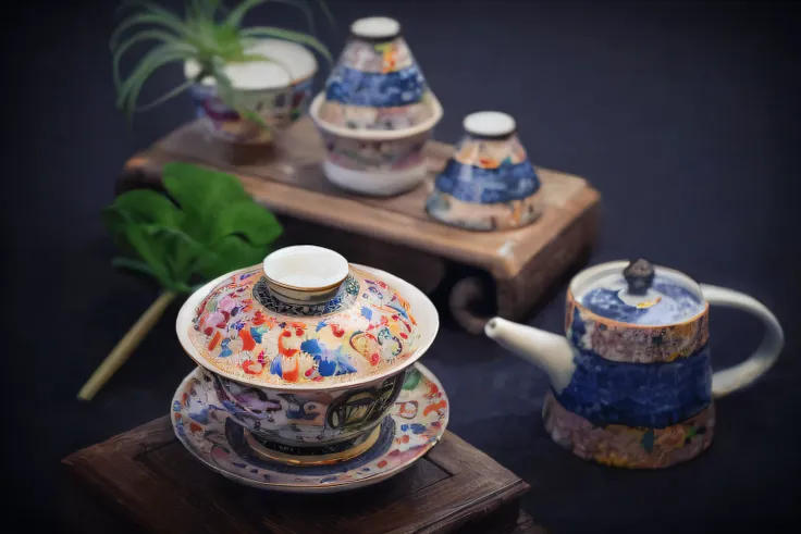 there are three teapots and a teapot on the table, engalnd porcelain tea set, chinese traditional, colorful complex, tea ceremon...