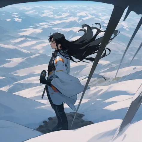 anime male with long black hair flying, standing on top of a high mountain, leisurely posture, his hand holding a fan, he looks from above into the distance, cold black eyes, surrounded by illusory clouds covering every scene  : trees, high mountains, low ...