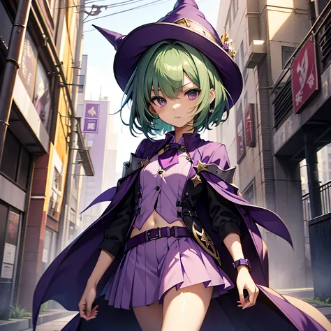 top-quality、extremely delicate and beautiful、(A teenage girl)、Purple Eye、Green hair、short-haired、(Purple pointy hat)、Purple tie、Soio、shortsleeves、Purple skirt、Purple Wizard Robe、Navel、is standing