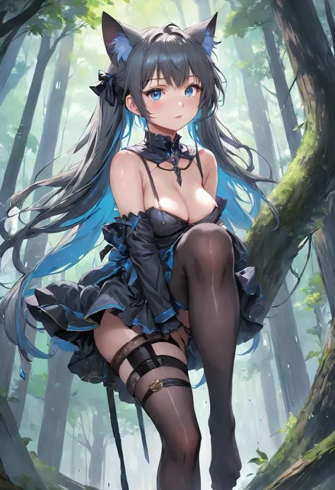 ((Need)), ((tmasterpiece)), (A detailed), black lence stockings,Loli Girl，Ethereal beauty, Perched in the woods, (fantasy illustrations:1.3), Seductive gaze, captivating posture, otherworldly charm, the street, (Luis Royo:1.2), (Yoshitaka Amano:1.1), Rainy...