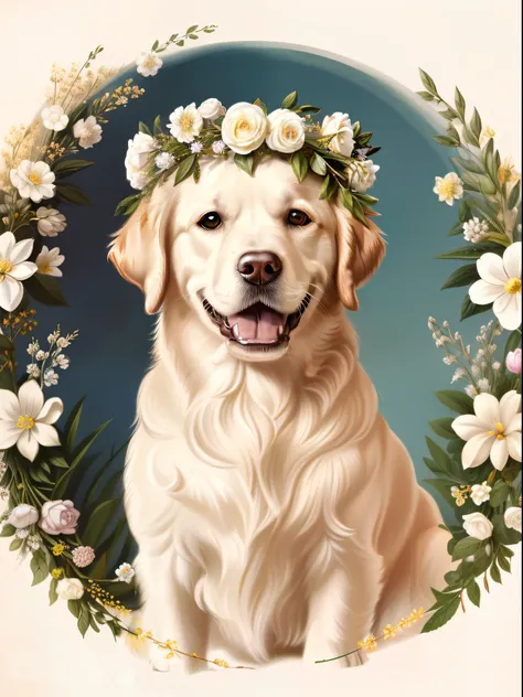 (top-quality:1.2)、(detaileds:1.2)、(​masterpiece:1.2)、High resolution white golden retriever with a flower crown by John Edwards(1770 1775)Vintage dog illustration、Illustration of vintage plants、Antique background