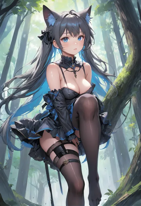 ((Need)), ((tmasterpiece)), (A detailed), black lence stockings,Loli Girl，Ethereal beauty, Perched in the woods, (fantasy illustrations:1.3), Seductive gaze, captivating posture, otherworldly charm, the street, (Luis Royo:1.2), (Yoshitaka Amano:1.1), Rainy...