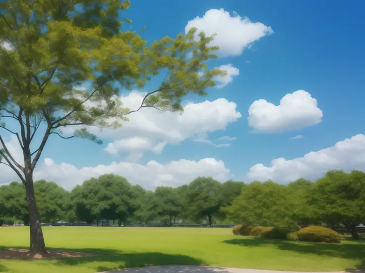 Drawn with a brush。during daytime。Three-dimensional brush texture。The tree is on the edge。Park sky。watercolor paiting。Less clouds。optic。hiquality。The sky is very wide。