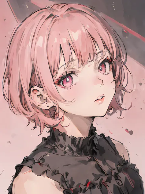 1girl, short pink hair, pink eyes, wearing black dress, sharp face, absurdres, high res, ultrasharp, 4K, masterpiece