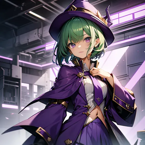 top-quality、extremely delicate and beautiful、(A teenage girl)、Purple Eye、Green hair、short-haired、(Purple pointy hat)、Purple tie、Soio、shortsleeves、Purple skirt、Purple Wizard Robe、Navel、is standing