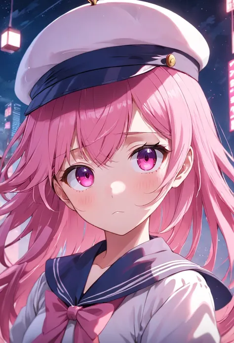 pink hair, shy, hollow eyes, sailor hat，20s anime aesthetics.20s anime