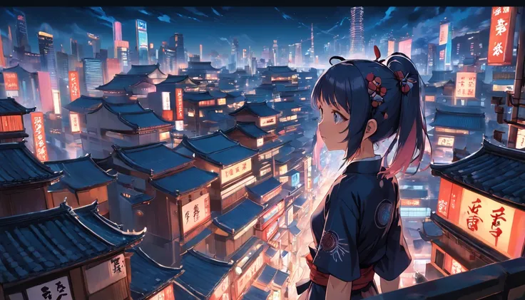 Japanese traditional cityscape, with bustling buildings, bathed in the warm midday sunlight, offering a magnificent view from above, traditional cyberpunk girl looking over the city excitedly