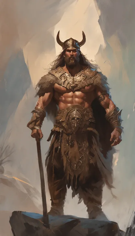 male in a brown outfit with a horned head and a sword, highly detailed character, viking warrior, epic viking king, norse ancient epic hero, muscular long haired with tattoo Philippine God of War, modelshoot style, (extremely detailed CG 8k wallpaper), bod...