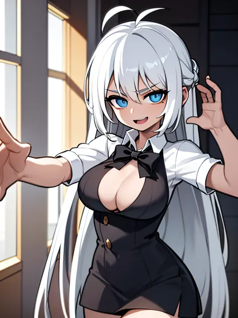 ((masterpiece, best quality)), (1girl), (solo), (female focus), (ahoge, white hair, short hair), black eyes, light smile, open mouth, ((white shirt), (buttoned shirt ), (Button gaps)), ((blackdress), (short  skirt)), standing on your feet, White background...