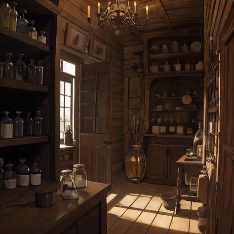 Inside the witchs house，Medicine cabinet，Bottles, jars, jars，The pot where potions are cooked，Broom in the corner，Strange painting on the wall