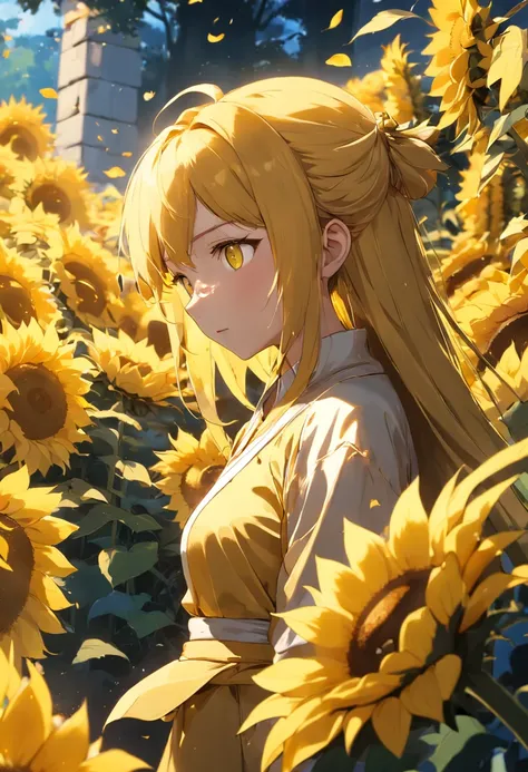 GIRASSOIS(extremely detailed CG unity 8k wallpaper, best illustration, masterpiece), vibrant sunflowers, bright yellow petals, dynamic composition, high contrast, sunlight filtering through leaves, a sense of warmth and tranquility