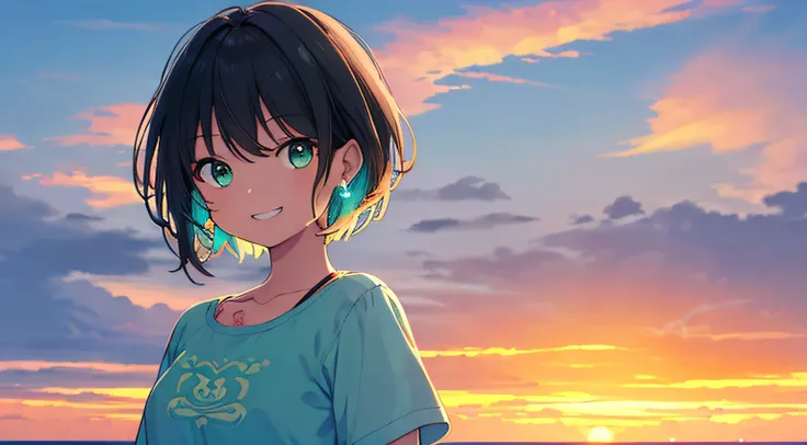 (((Masterpiece))),(((best qualtiy))),((Ultra-detailed)),(illustration)，1 short-sleeved shirt girl，Totem tattoo on the right arm，Sunset seaside background，facing at camera，grin face，Light brown skin，short cyan hair，Green eyes，eyes glowing，Left earrings