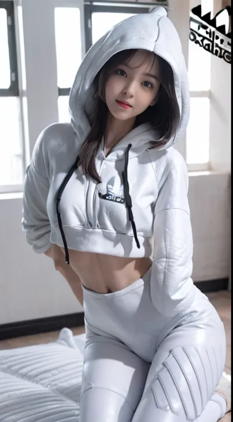 8K, A high resolution, Ultra detailed, (Masterpiece:1.4), Best quality, Symmetrical body, a beautiful 18 years old girl, (White Adidas cotton cropped hoodie，Decorated with lettering:1.5), (Pure black leather leggings:1.5), Full body shot, Cute, Solo, Long ...