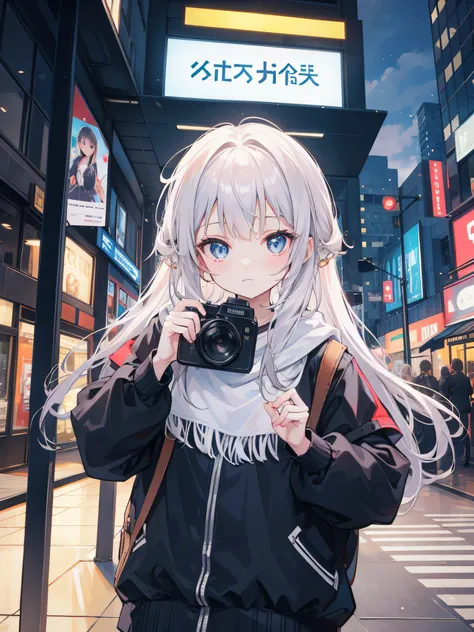 looking at camera, cute girl, city, camera hanging, not showing hands