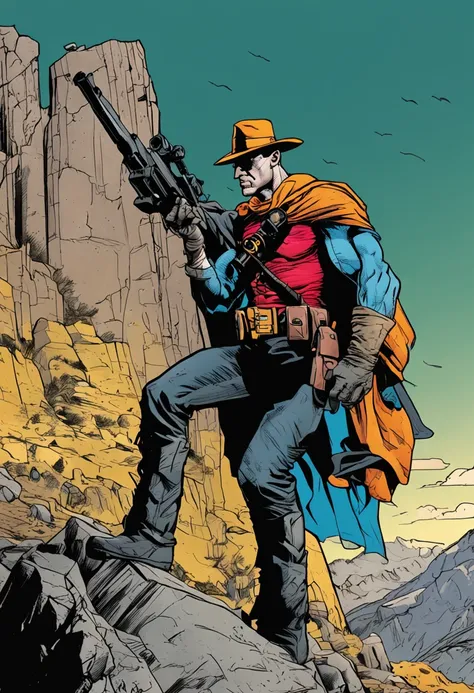 frank miller style tough guy from batman comics with a gun in his hand against the backdrop of a mountain hut