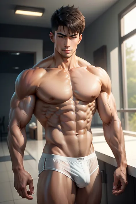 short detailed hair, photorealistic perfect body, Muscular, Handsome boy, Asian male, Muscular, Shirtless ，High detail, Lean and muscular, Detailed body, Muscle men, Handsome anime pose, Muscular body，slippers，Wear transparent underwear