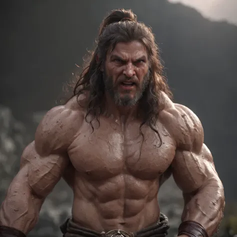 (professional 3d render:1.3) af (Realistic:1.3) most beautiful artwork photo in the world，Features soft and shiny male heroes, ((Epic hero fantasy muscle man rough wet hero angry looking long hair short beard and ferocious expression in dynamic pose, Fanta...