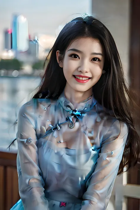 Big waves, City background, Wearing a cheongsam, woman, slim, black hair, mole under eye, pupils sparkling, grin, Verism, chiaroscuro, ray tracing, cinematic lighting, UHD, super detail, high quality, high details