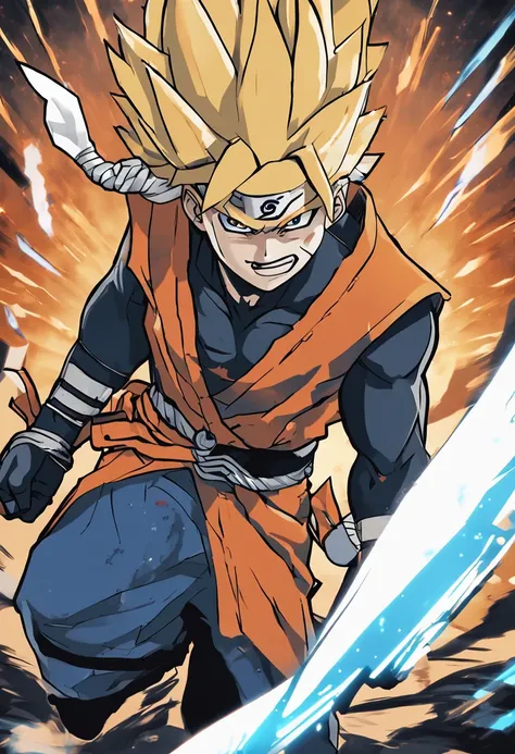 Draw an 8K quality image of an animated character that combines features of Naruto and Sasuke with the given requirements:  The character has Narutos signature spiky blonde hair. The face is Sasukes handsome and sharp face. Wearing Narutos orange and black...